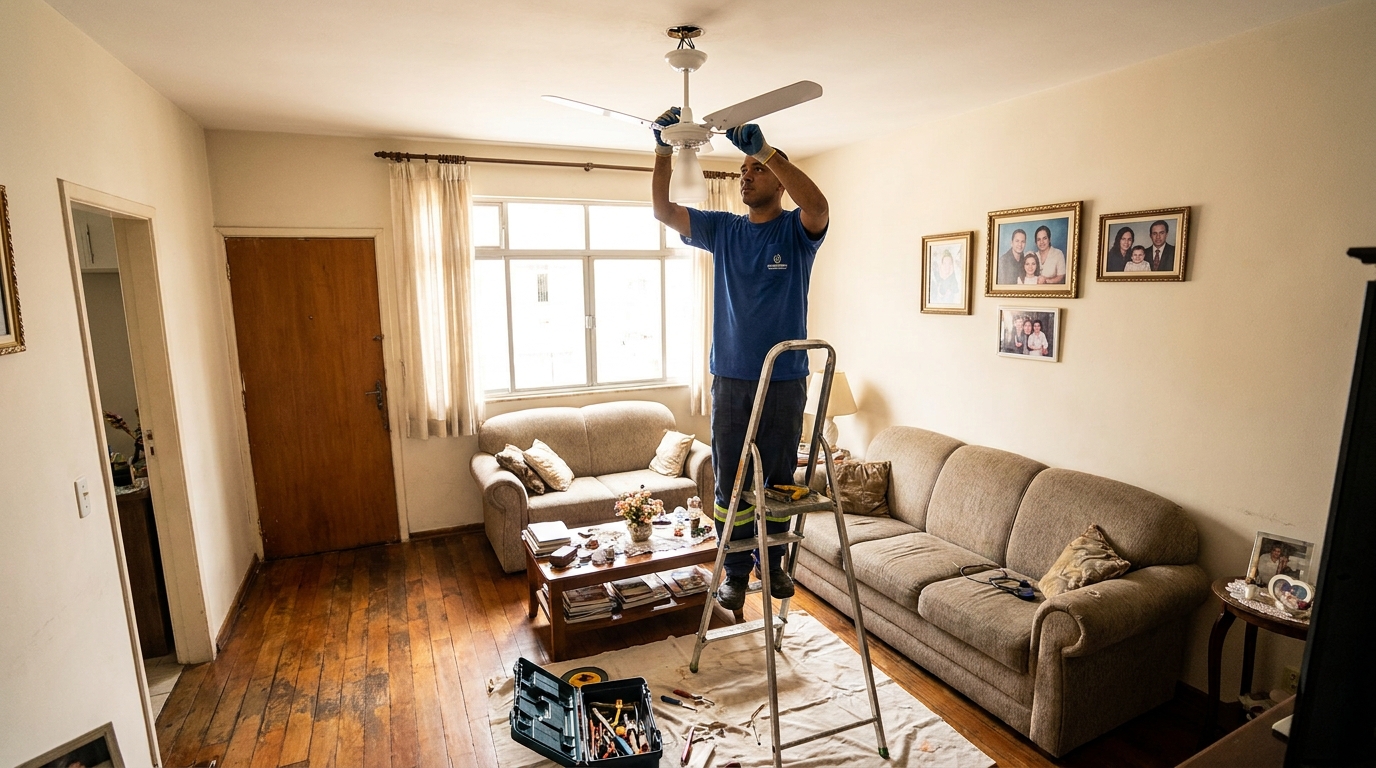 Eletricista instalando ventilador de teto em Taubaté‑SP